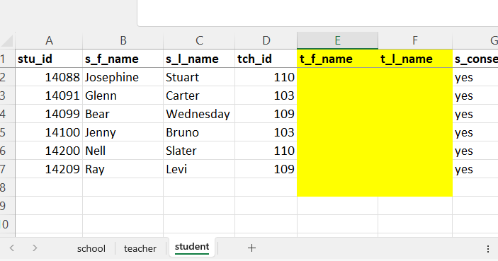 Student tab in Excel