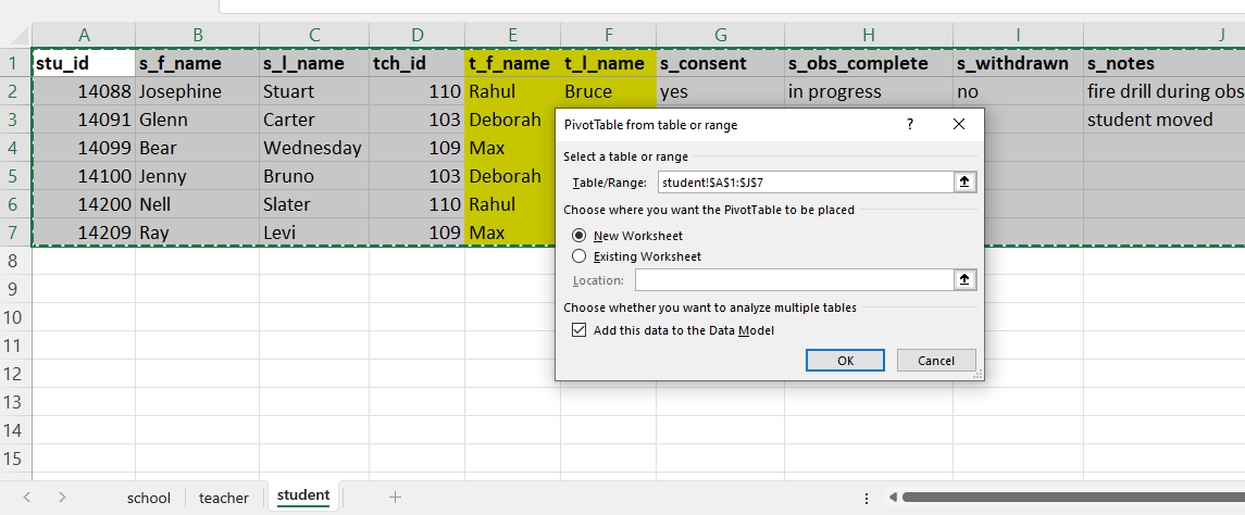 Selecting PivotTable options