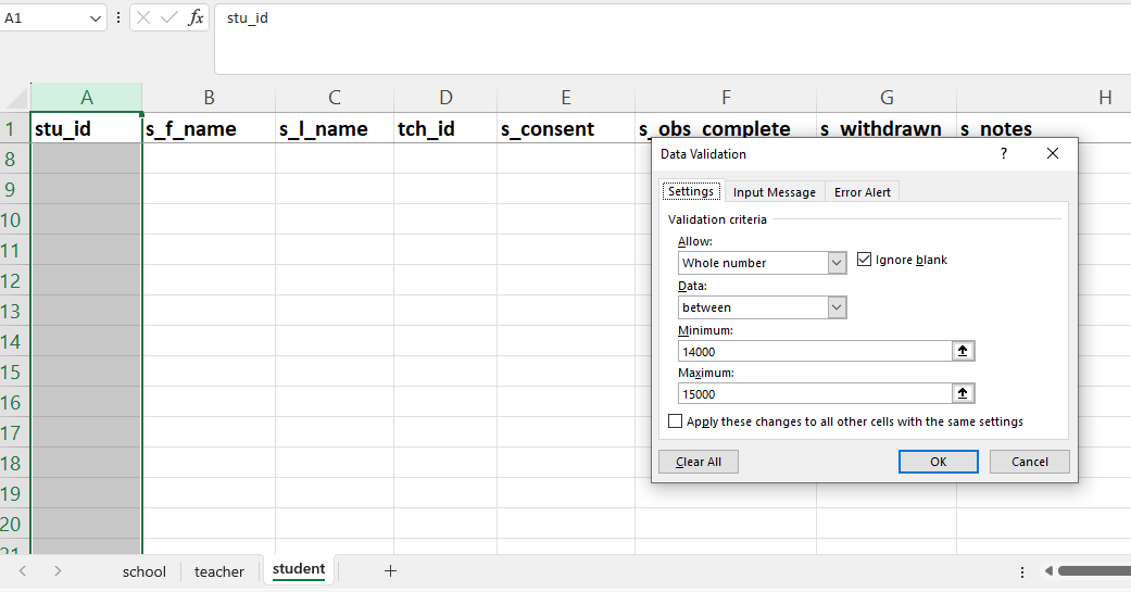 Applying data validation rules to the stu_id column