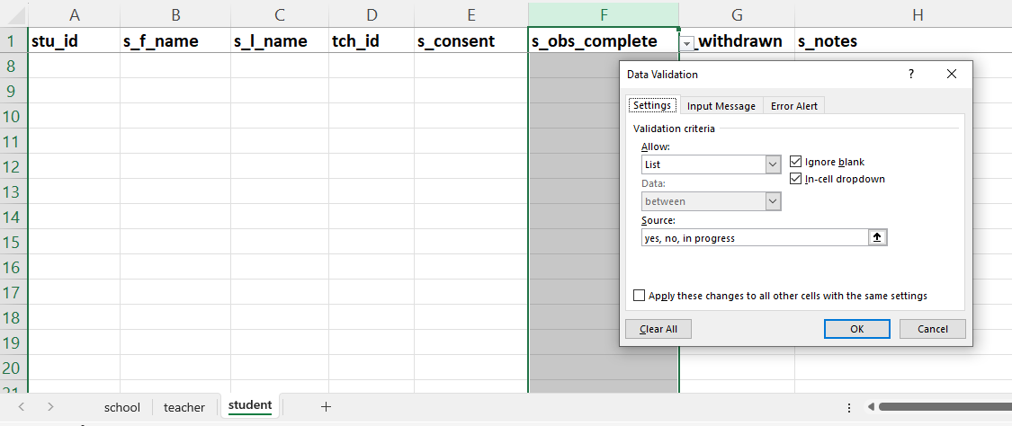 Applying a validation list of values