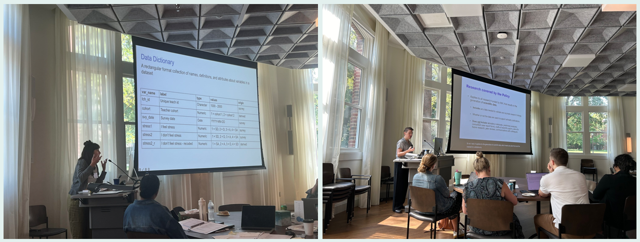 On the left, Crystal Lewis presenting on documentation. On the right, Jessica Logan presenting on DMPs.